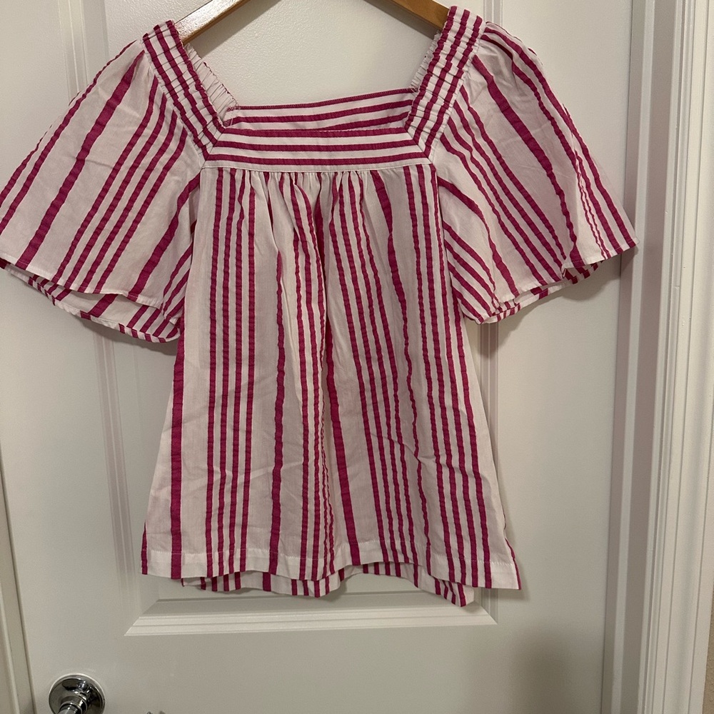 LOFT Pink and White Blouse with Puff Sleeves and Bib Collar